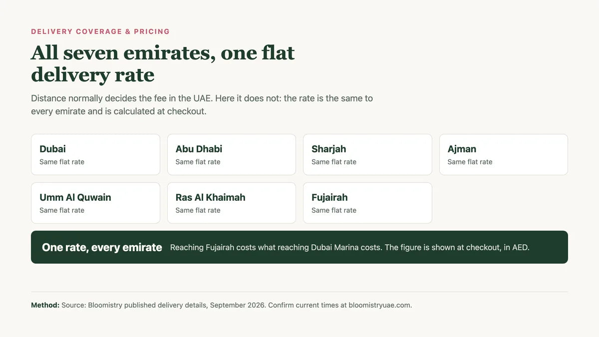 Grid of the seven emirates, each marked with the same flat delivery rate, calculated at checkout in AED.