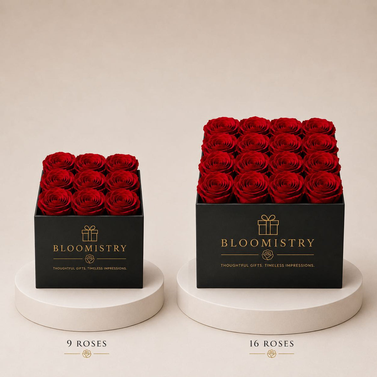 Red Roses Grid Cube – size comparison – luxury flowers delivered in the UAE by Bloomistry