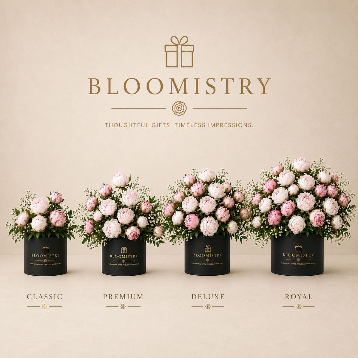 Duchesse de Nemours Blush Peony – size comparison – luxury flowers delivered in the UAE by Bloomistry