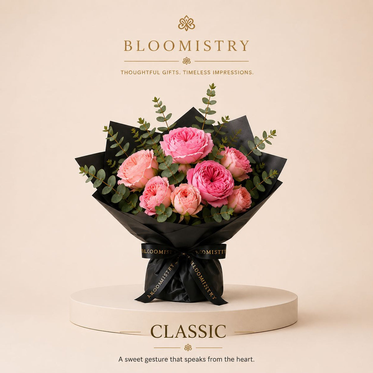 Dolce Velvet Bouquet — pink garden roses in matte black wrap, colour option
