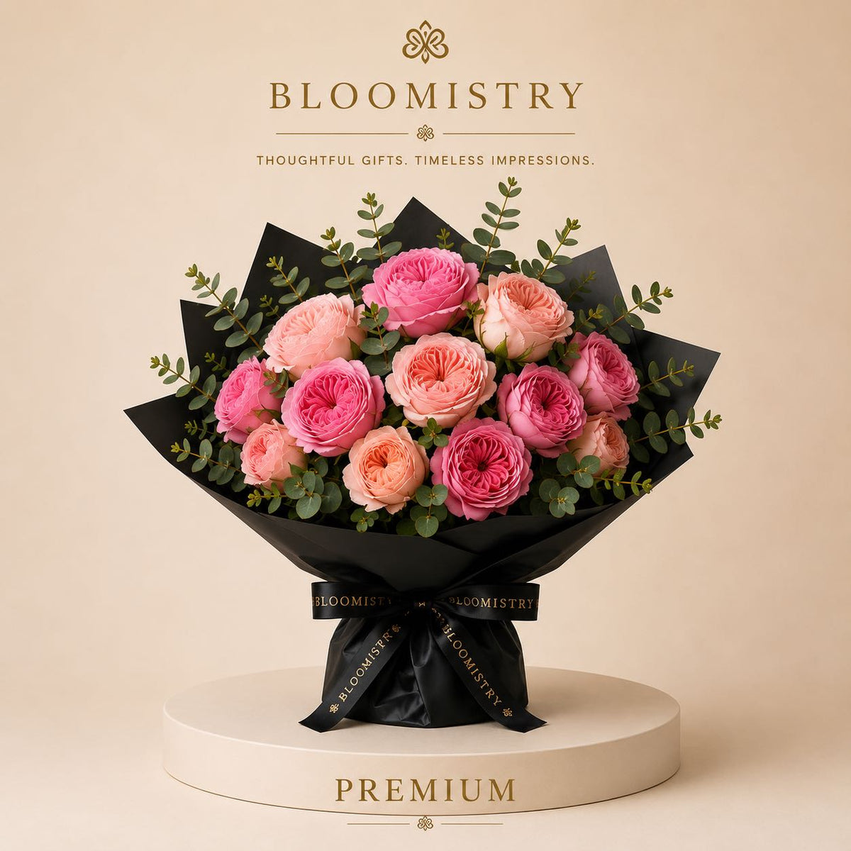 Dolce Velvet Bouquet — pink garden roses in matte black wrap, alternate view
