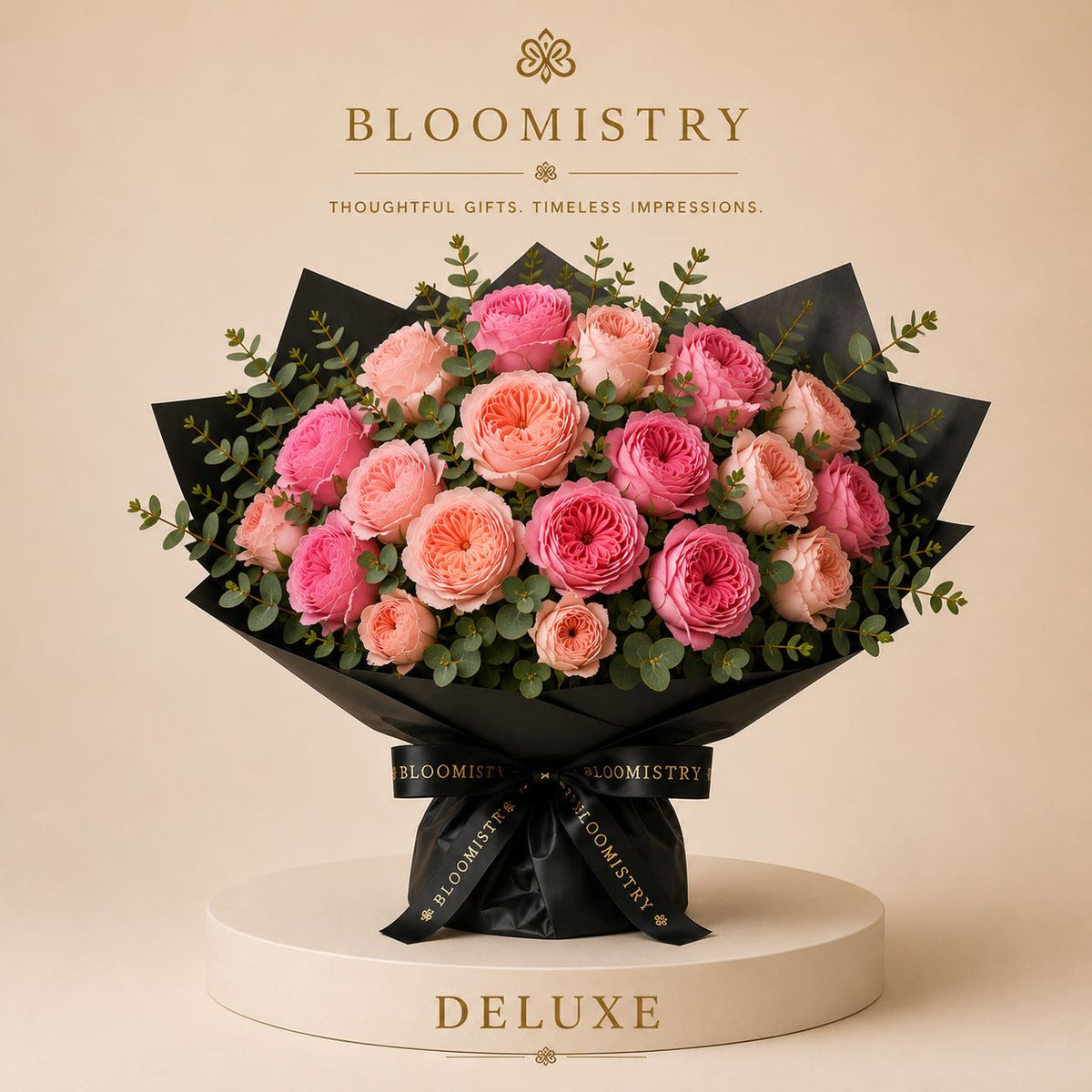 Dolce Velvet Bouquet — pink garden roses in matte black wrap, detail view