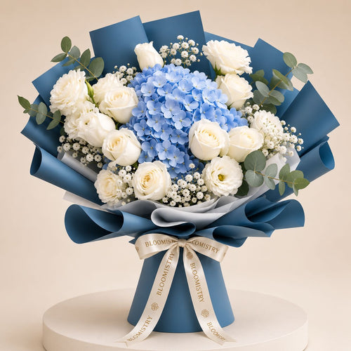 Bleu Céleste Bouquet — blue flower arrangement delivered across the UAE by Bloomistry