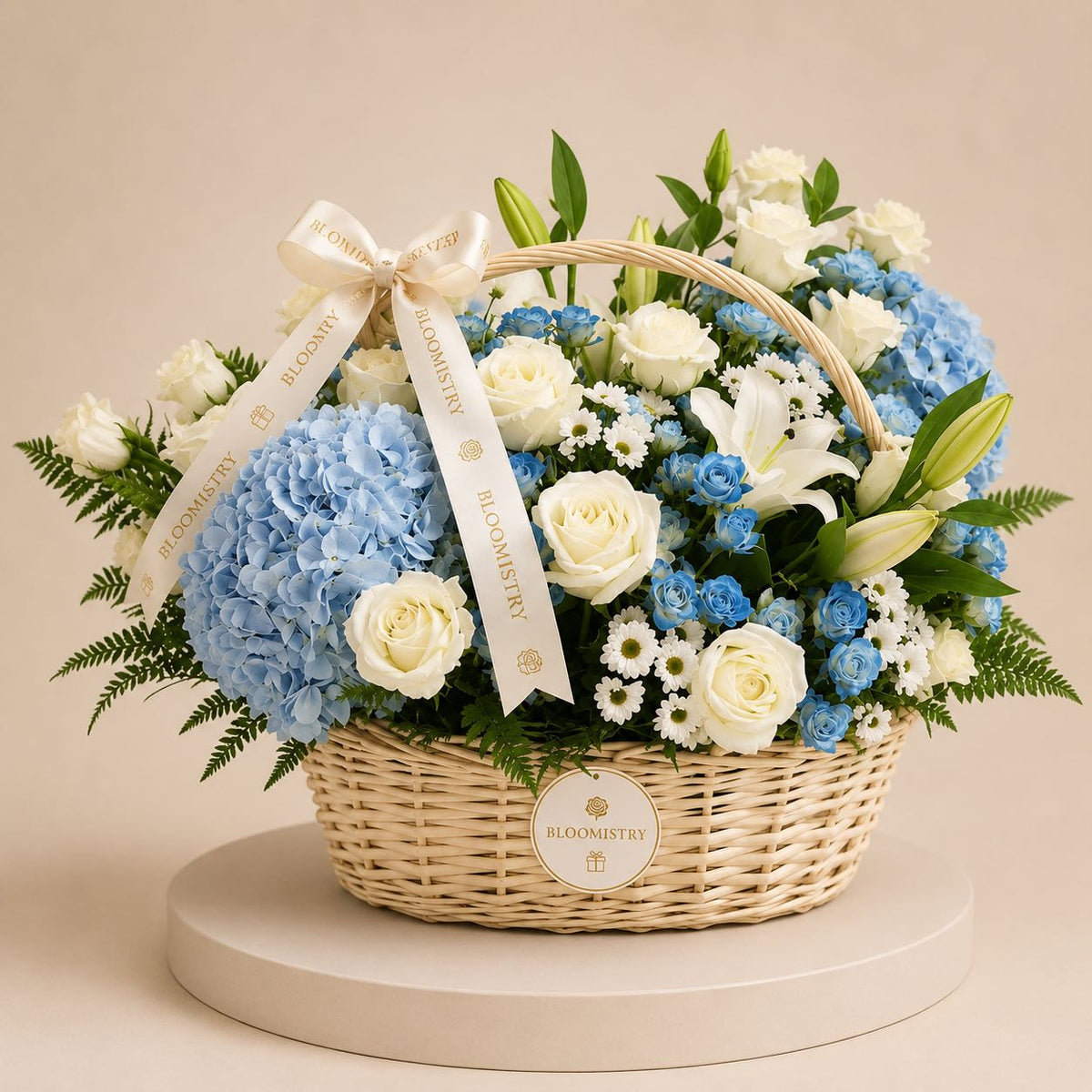 Blue Serenity Floral Basket — blue flowers in a basket delivered across the UAE by Bloomistry