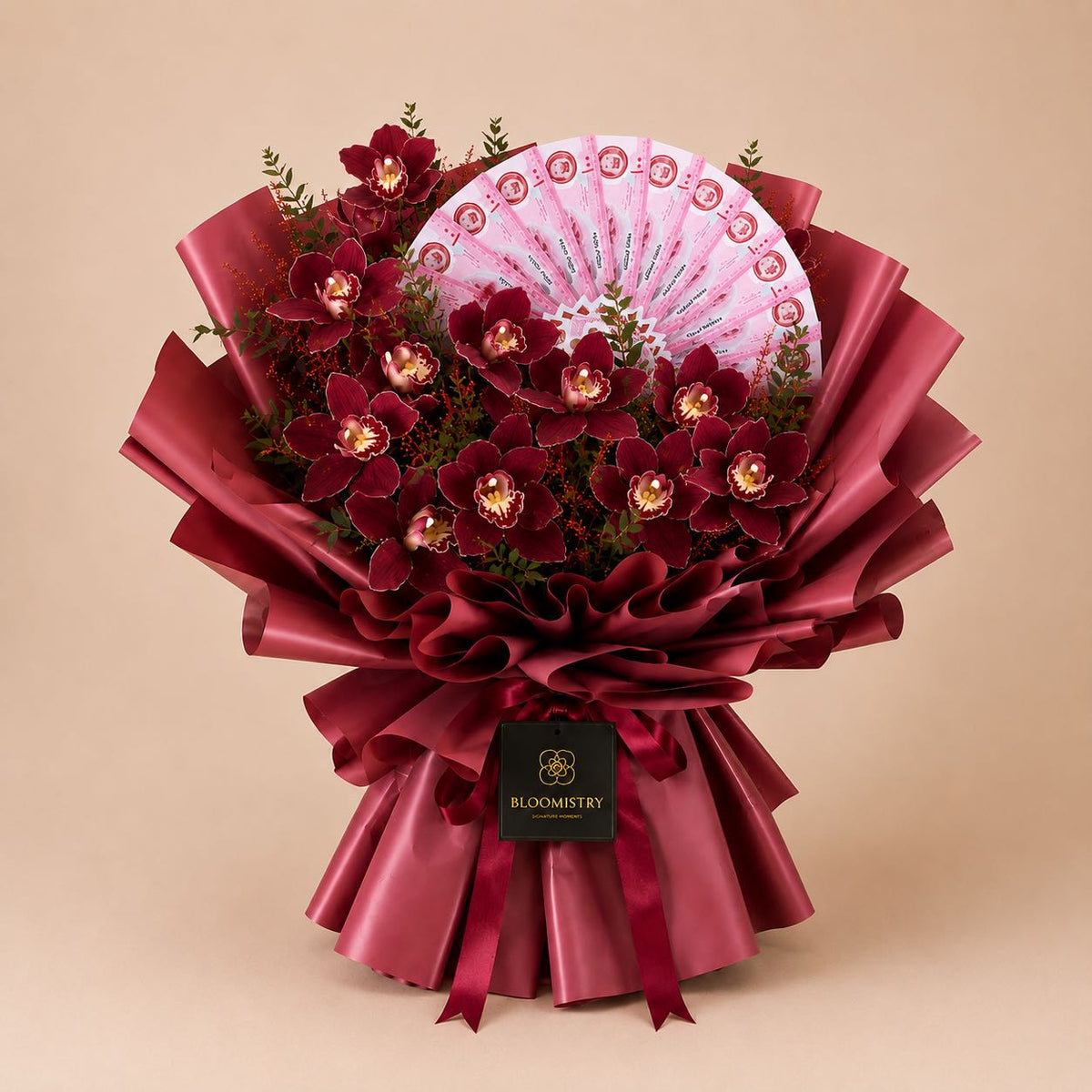 Cascade Burgundy Money Bouquet — fresh flower arrangement delivered across the UAE by Bloomistry