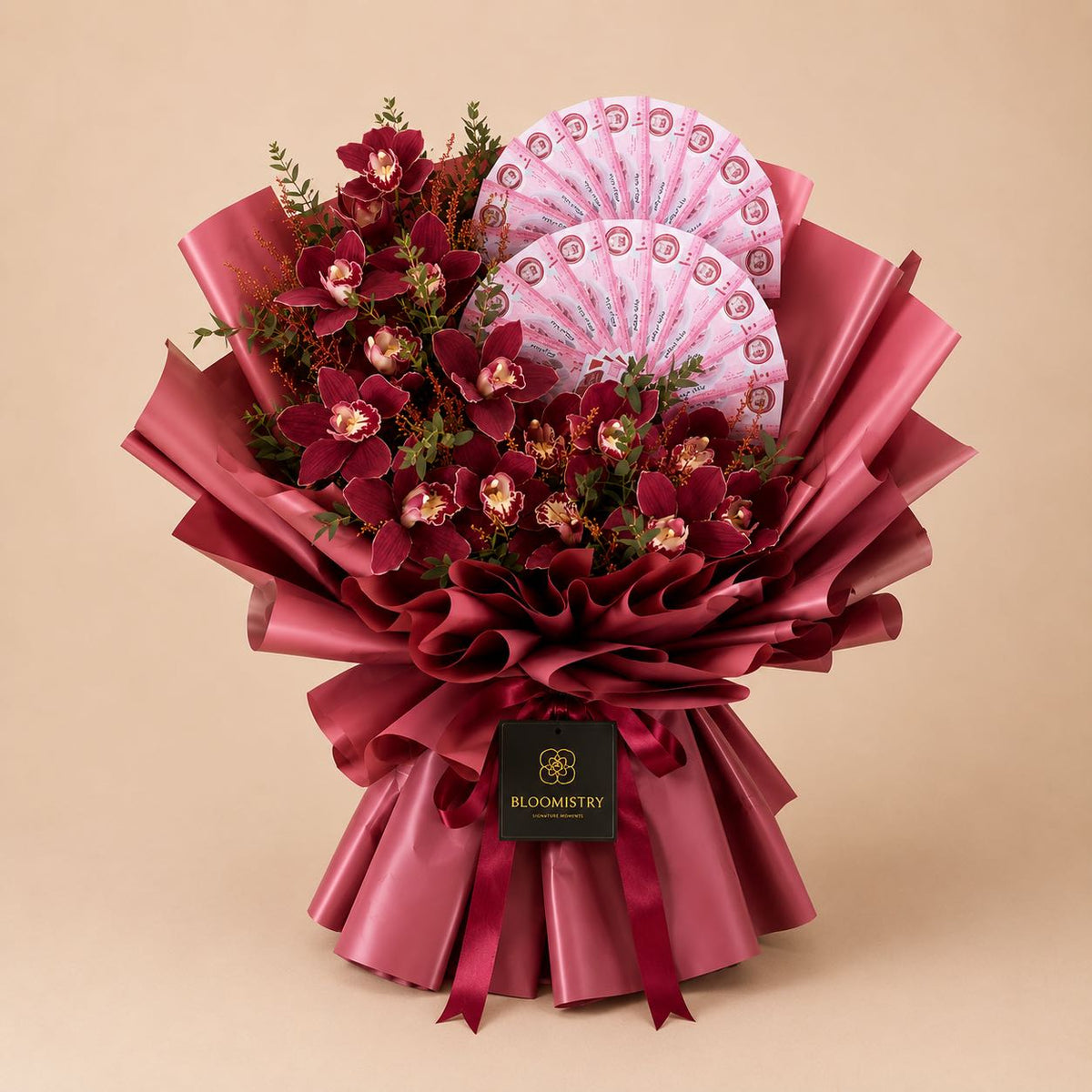 Cascade Burgundy Money Bouquet — fresh flower arrangement delivered across the UAE by Bloomistry