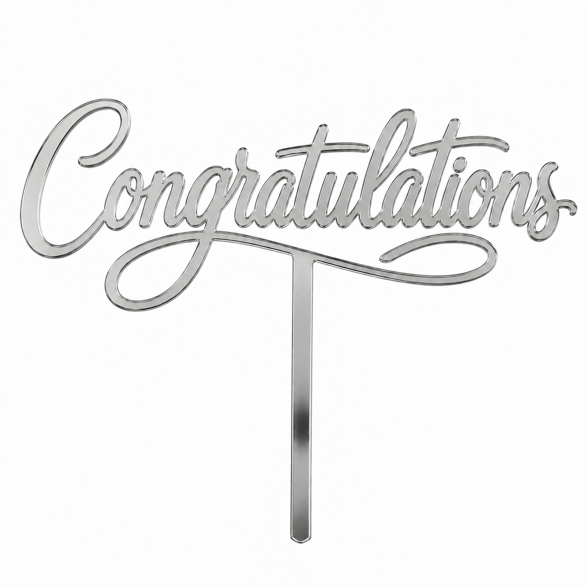 Silver mirror acrylic topper reading Congratulations, laser-cut in one piece with its stem