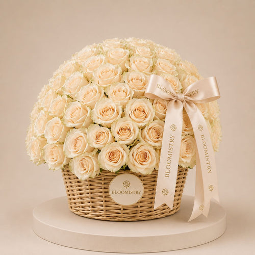 Ivory Rose Luxury Basket — ivory roses in a basket delivered across the UAE by Bloomistry