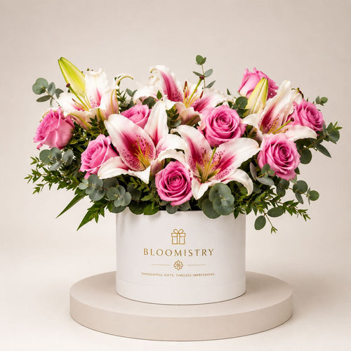 Oriental Lily and Pink Rose Arrangement — fresh flower arrangement delivered across the UAE by Bloomistry