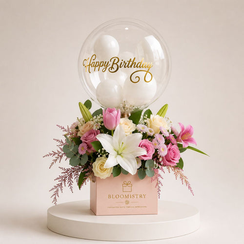 Pastel Pink Garden Gift Balloon Box — flowers with balloons delivered across the UAE by Bloomistry