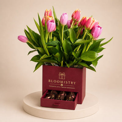 Pink Tulip and Chocolate Gift Set — flowers with chocolates delivered across the UAE by Bloomistry