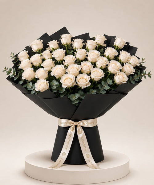 Pristine White Rose Luxury Bouquet — white roses delivered across the UAE by Bloomistry