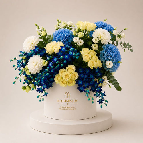 The Cerulean Dream Box — blue flower arrangement delivered across the UAE by Bloomistry