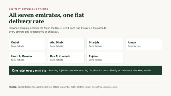 Grid of the seven emirates, each marked with the same flat delivery rate, calculated at checkout in AED.