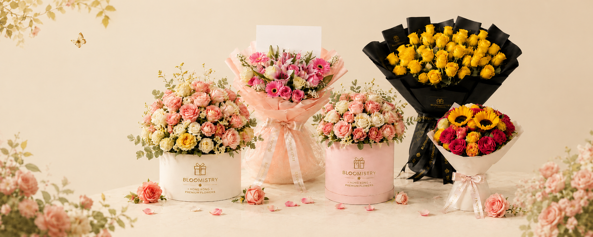 Bloomistry signature arrangements — rose boxes and hand-tied bouquets on a cream backdrop