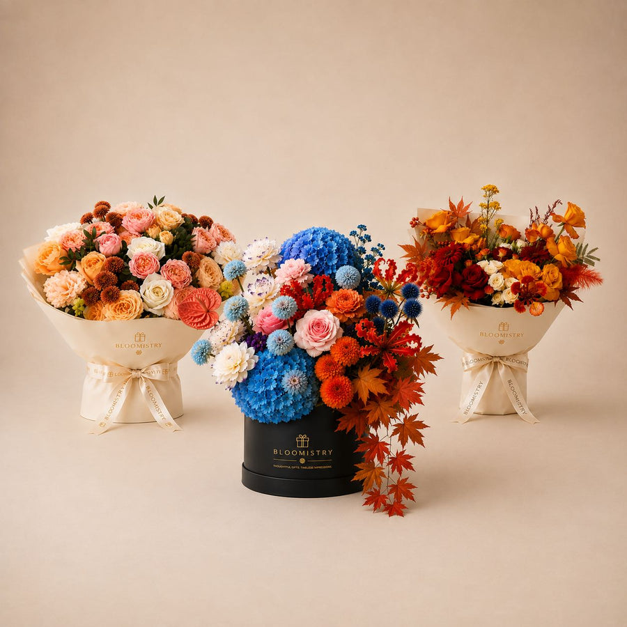 Three Bloomistry arrangements styled together for a larger occasion