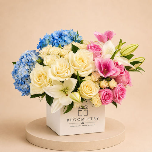 Bloomistry Pastel Triad — pastel flower arrangement delivered across the UAE by Bloomistry