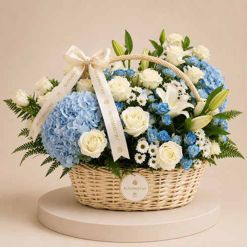 Blue Serenity Floral Basket — blue flowers in a basket delivered across the UAE by Bloomistry