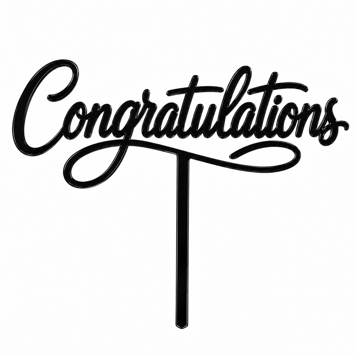 Black acrylic topper reading Congratulations, laser-cut in one piece with its stem