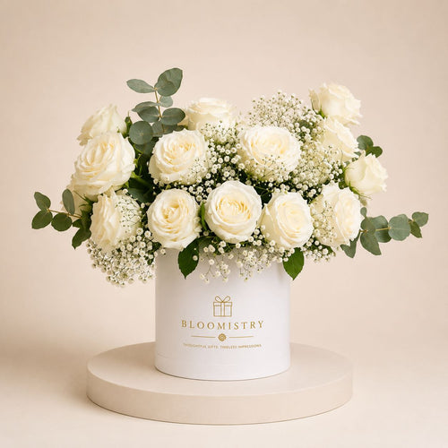 Elegant White Floral Box — fresh flower arrangement delivered across the UAE by Bloomistry