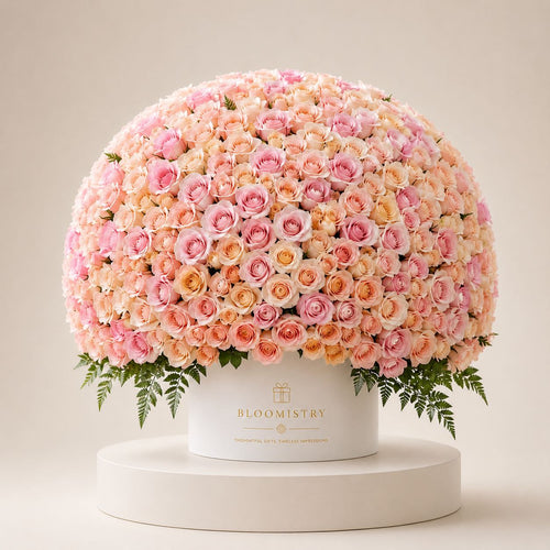 Grand Peach Rose Leather Box — peach roses in a leather box delivered across the UAE by Bloomistry