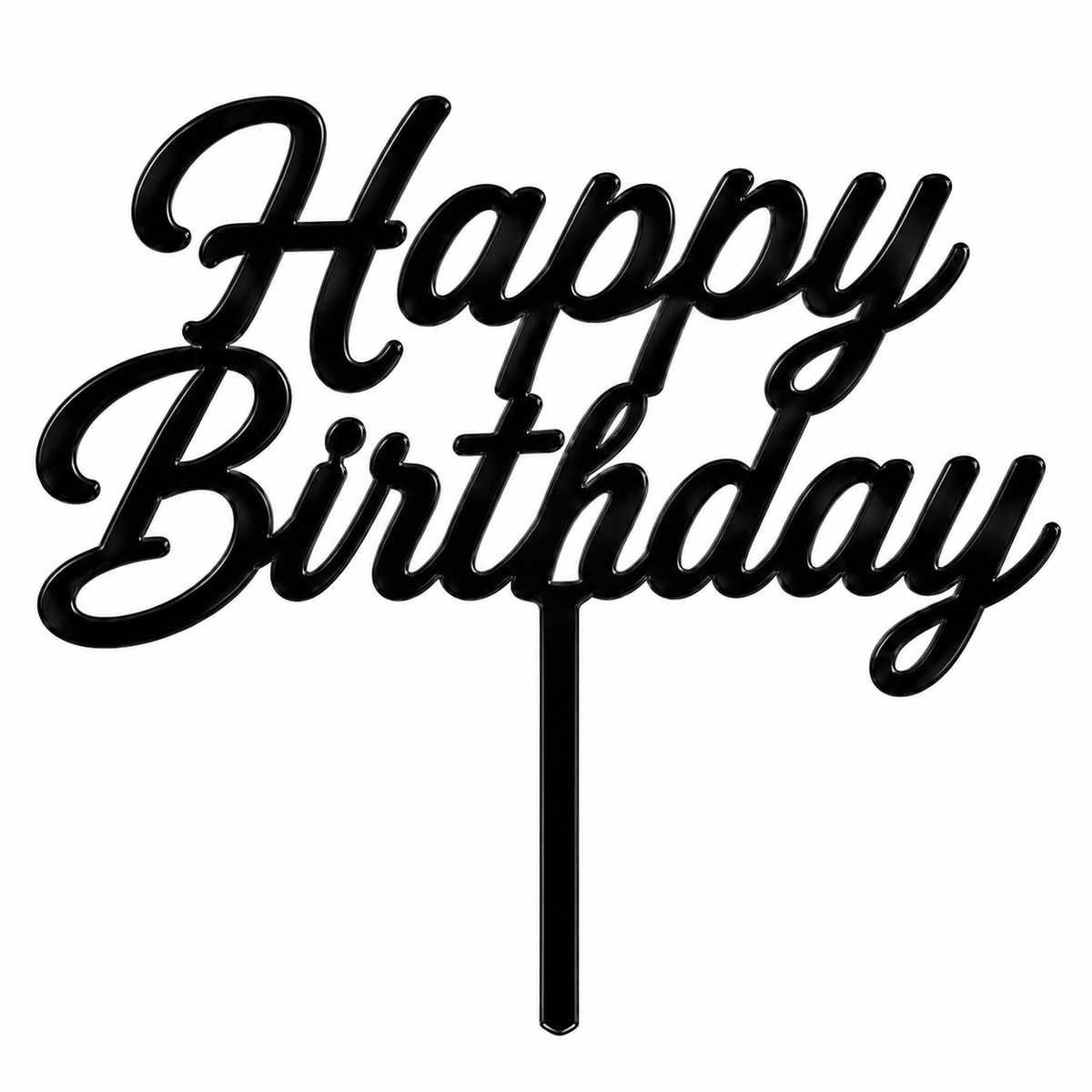 Black acrylic topper reading Happy Birthday, laser-cut in one piece with its stem