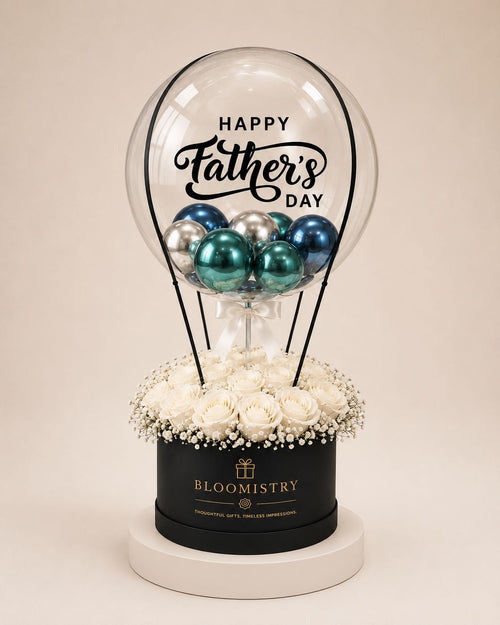 Men's White Rose Balloon Gift Box — white roses with balloons delivered across the UAE by Bloomistry