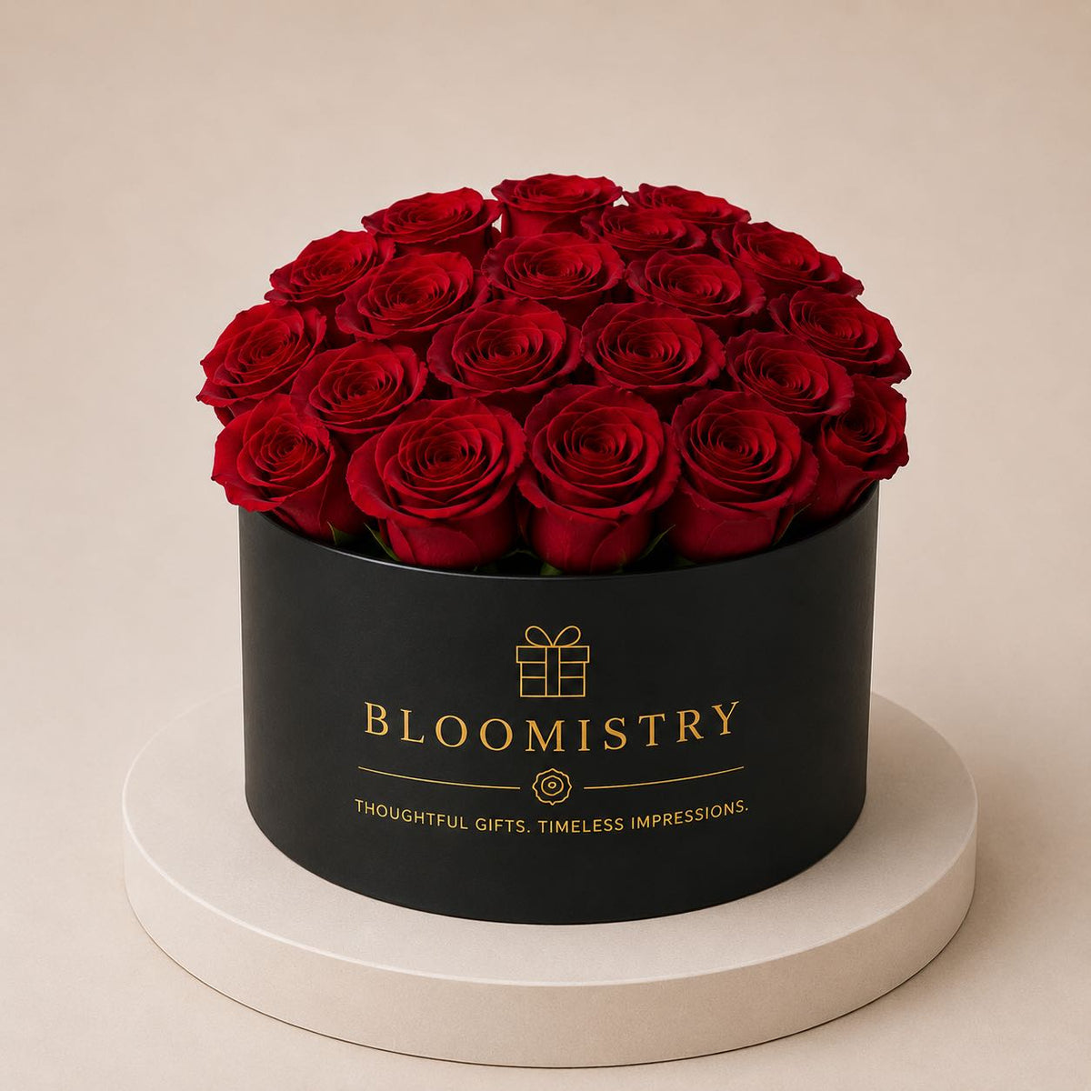 Red roses in black box classic