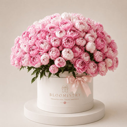 Romantic Pink Peony Box — pink peonies in a gift box delivered across the UAE by Bloomistry