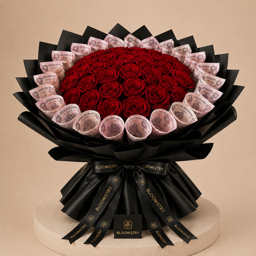 Rose Money Bouquet — roses arranged with currency notes, delivered across the UAE by Bloomistry